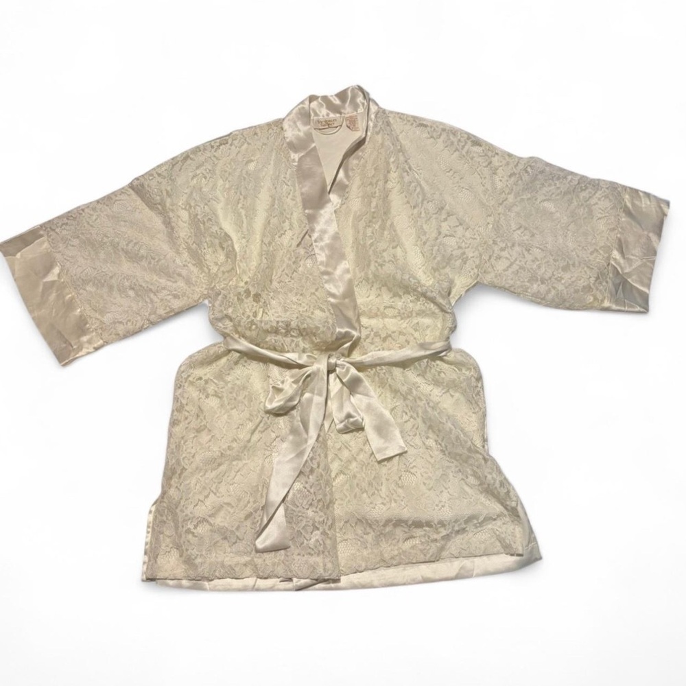 VTG Victoria Secret Gold Label OS Sheer Lace Mini Robe Ivory Satin Floral Kimono - Picture 5 of 6